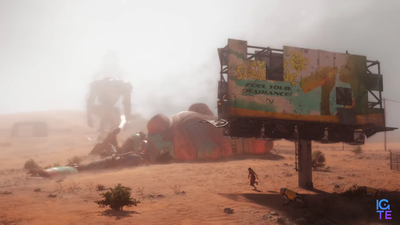 Desert landscape with robot in distance