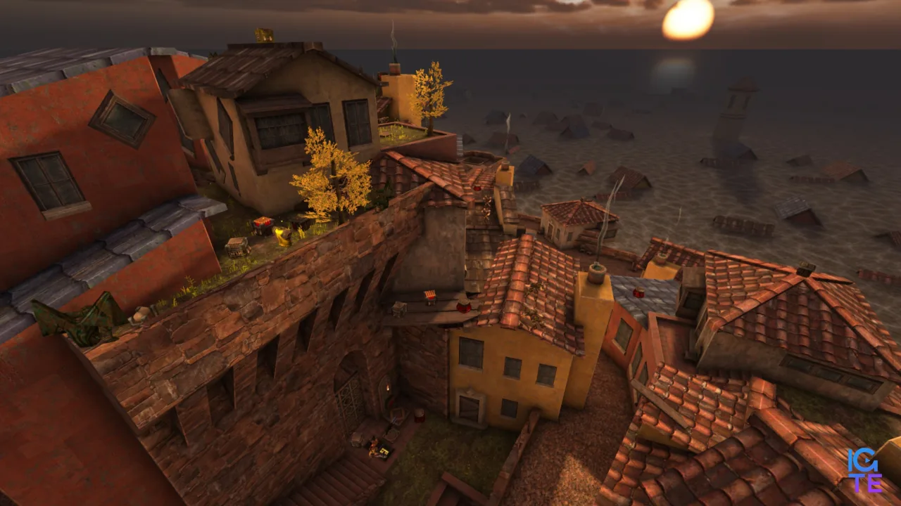 A Mediterranean village basks in the setting sun in Quake Rooftops Jam