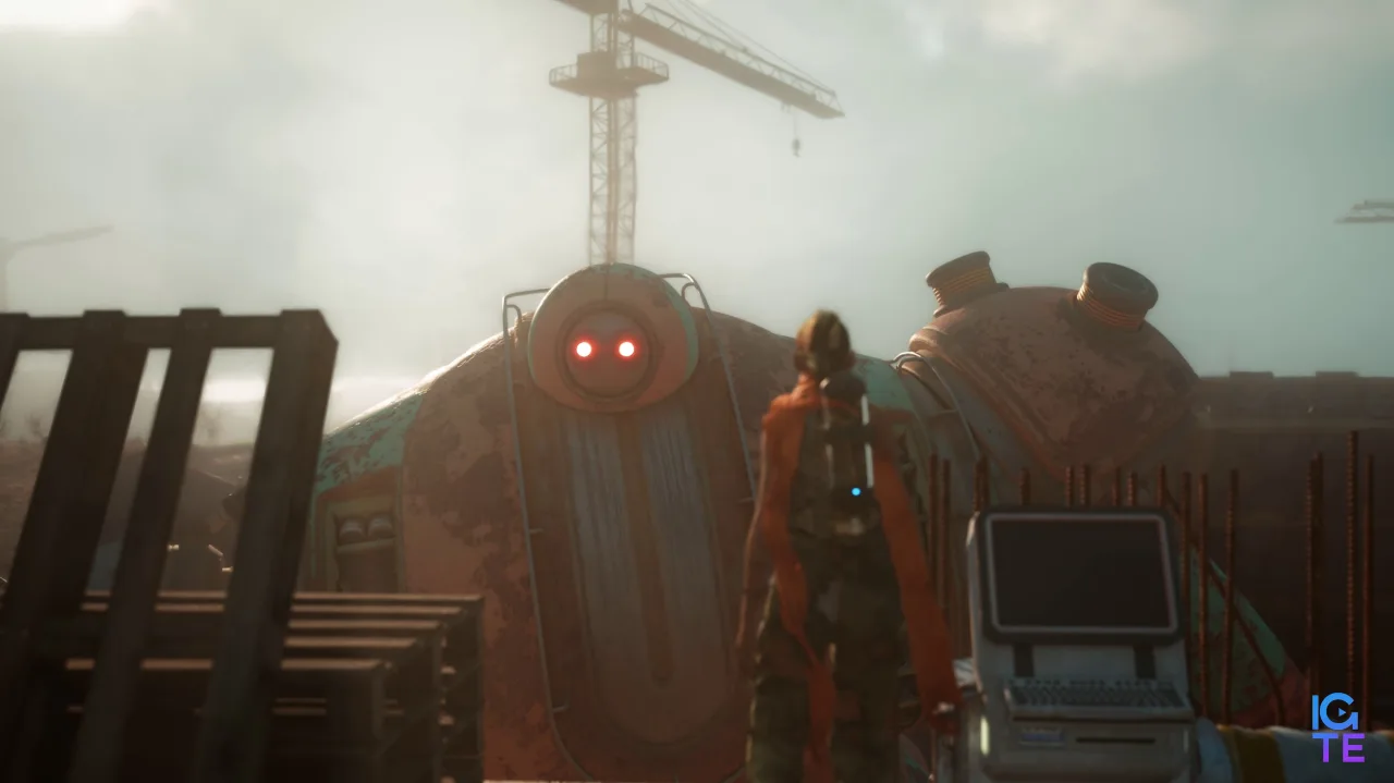 Evil giant robot with red eyes threating person
