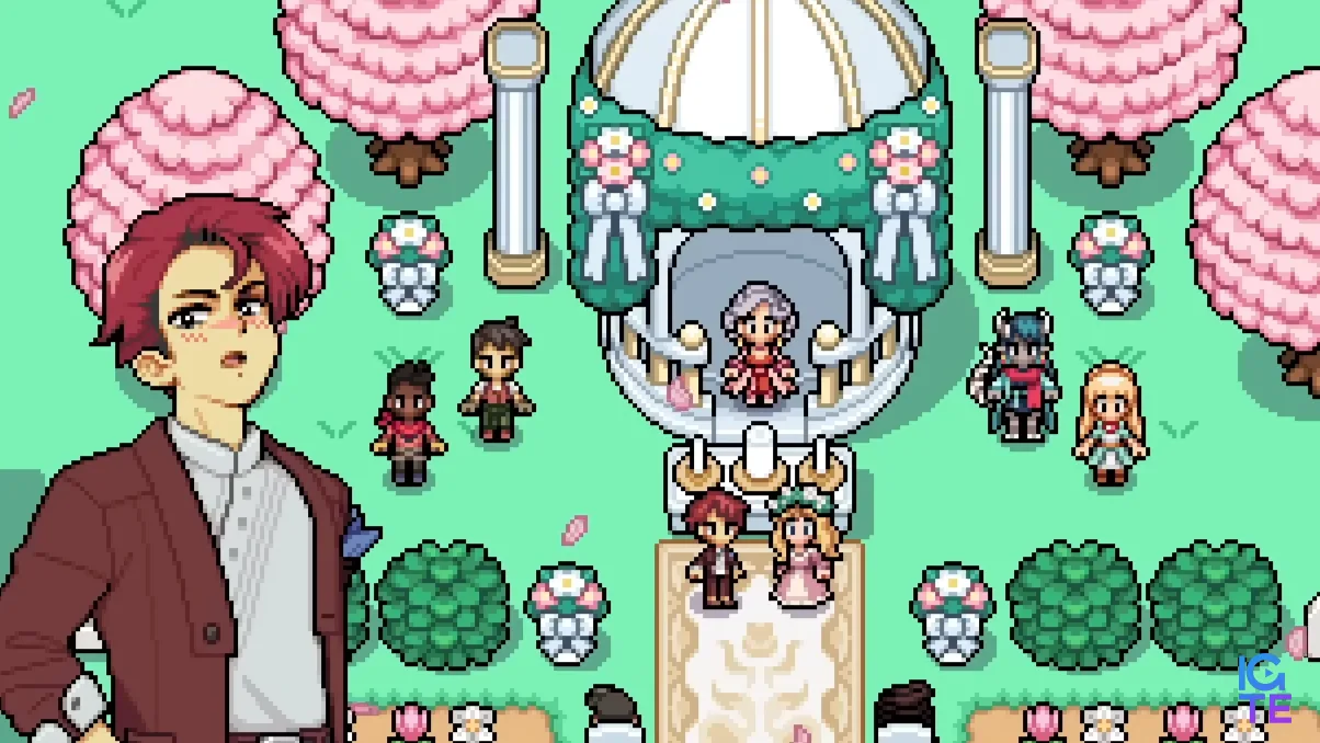 Fields of Mistria - March and the player stand together at a wedding altar in front of a crowd